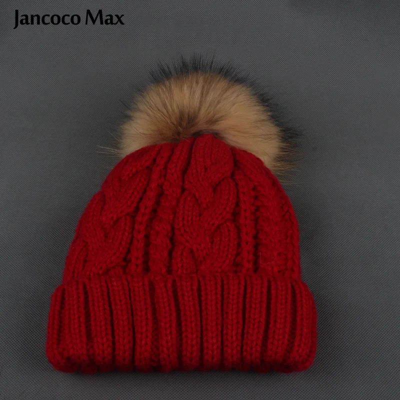 Jancoco Max детская шапка с помпоном из натурального меха енота зимние теплые детские