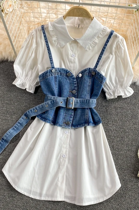

2021 Two Piece Outfits for Women Cowboy Sling Vest Tops Loose Pleated White Shirt Femme Roupas 2 Piece Set Korean Suit