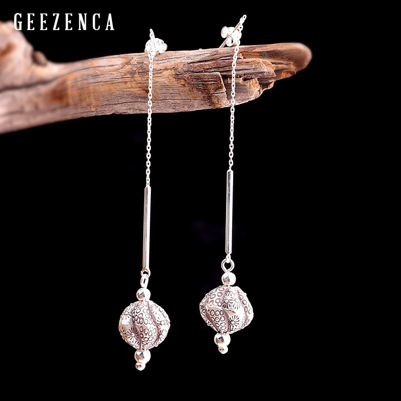 Женские винтажные серьги гвоздики с шариками длинные из тайского серебра 925