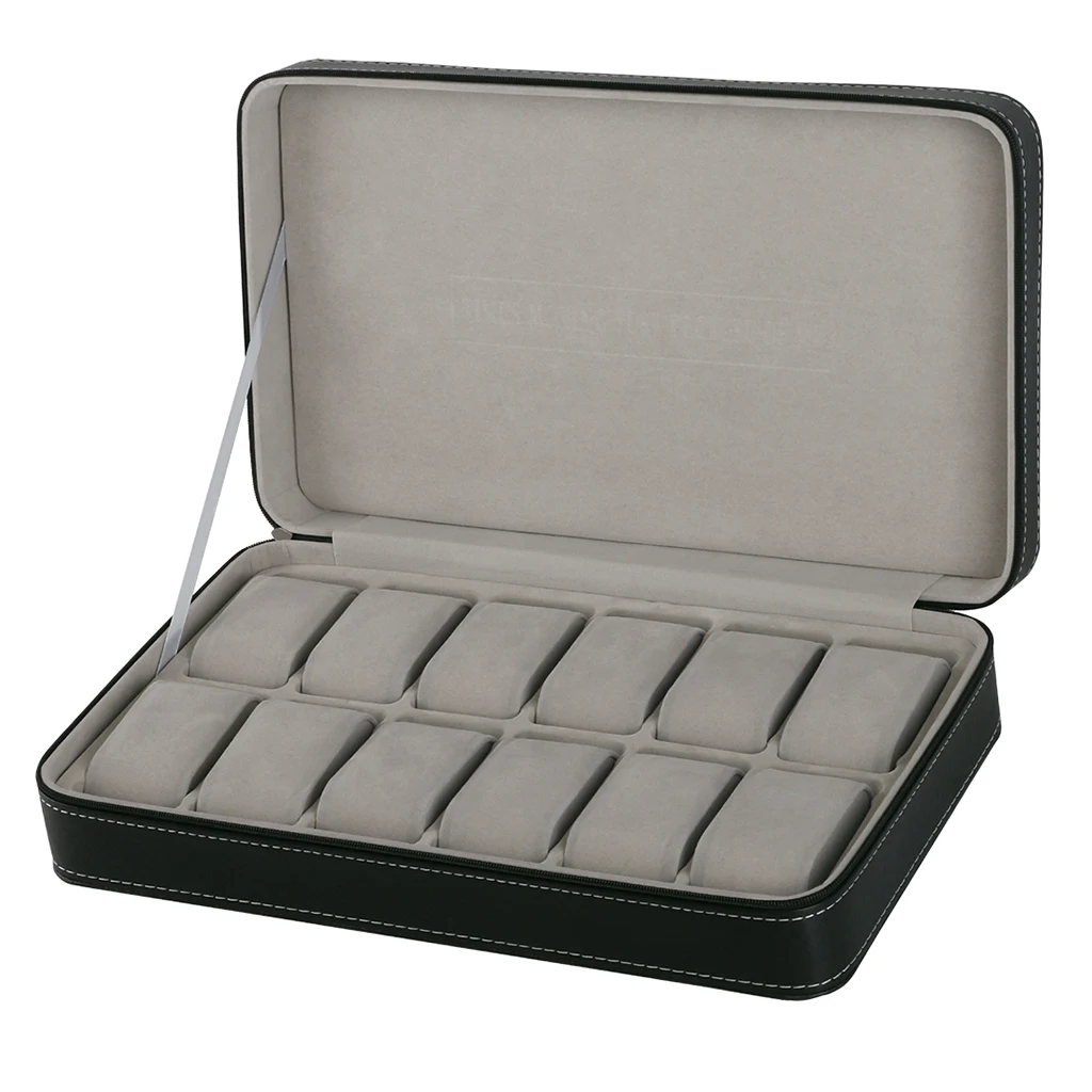 

12 Slots PU Watch Box Zipper Watches Display Case, Jewelry Storage Organizer with Removable Soft Cushions, Collection Boxes
