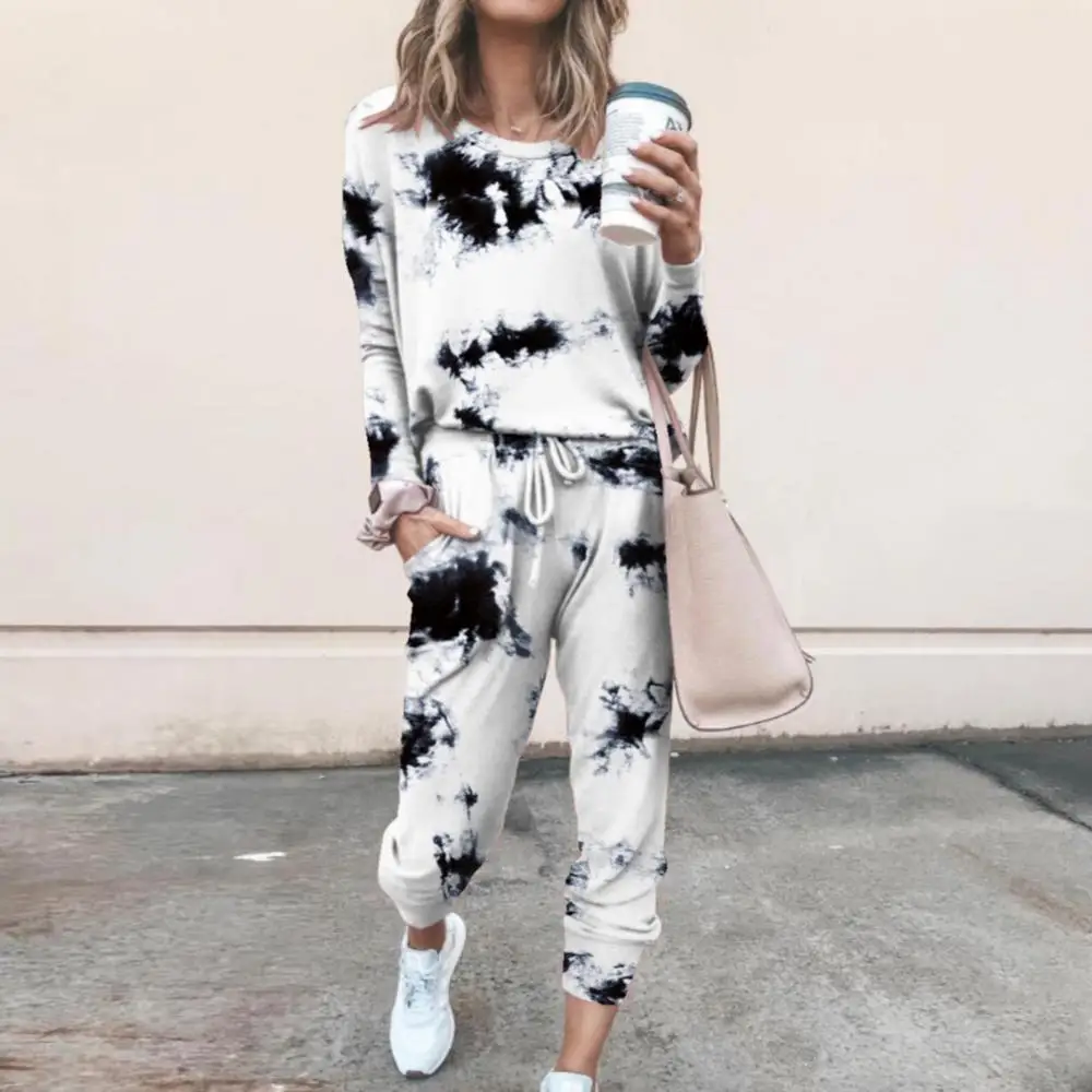 

2Pcs Women Tie Dye Sleepwear Set Jogger Suit Long Sleeve Round Neck Pants Sleepwear Loungewear home wear spring summer