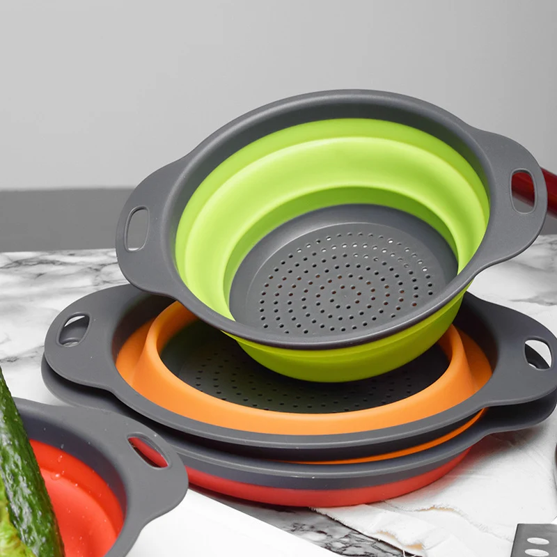 

Foldable Fruit Vegetable Washing Basket Strainer Round Silicone Colander Collapsible Drainer With Handle Kitchen Tools Strainer