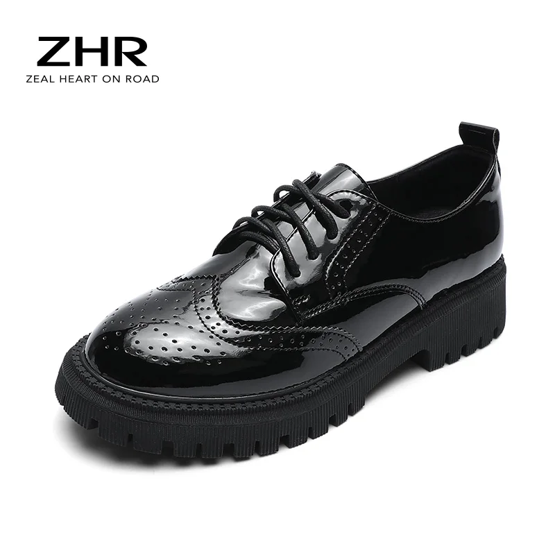 

2021 Women Derby Shoes Woman Brogue Handmade Casual Women's Patent Leather Flats Shoes Lace up Shinny New Ladies Flat Shoes
