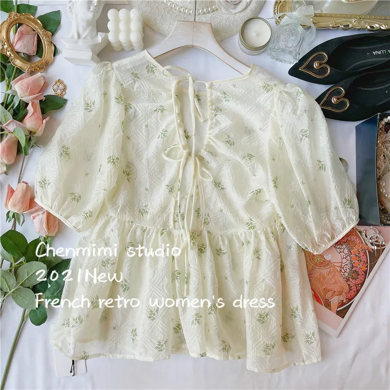 

Backless Blouse French Floral Ruffled Short Puff Sleeve Clothes Shirt 2021 Summer Slim Waist Crew Neck Camisas Blusas Mujer