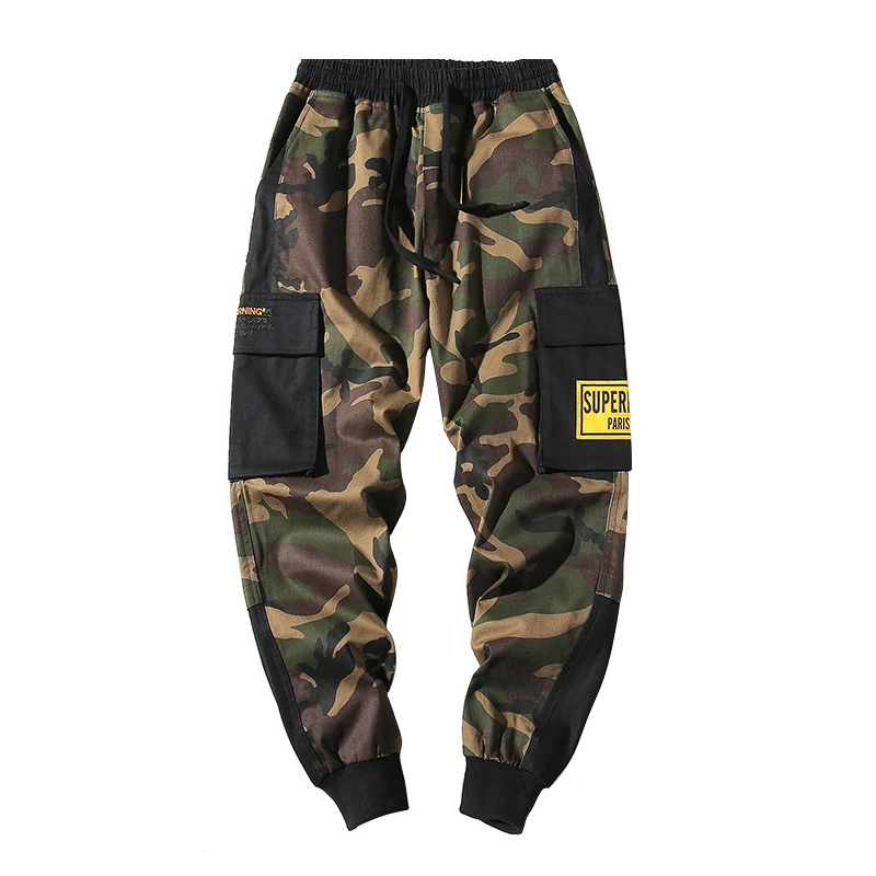 Брюки карго мужские камуфляжные брюки с кулиской много карманов стиль хип хоп
