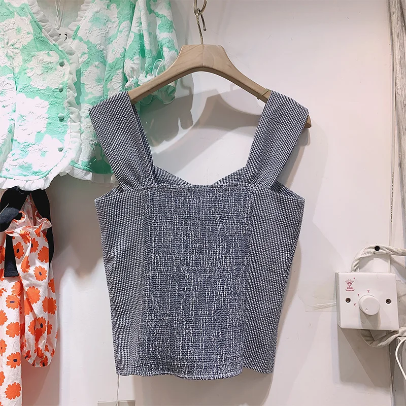 

Fashionable Retro Plaid Sling Vest Women's Outer Wear Summer Inner Short Crop Top Female Single Breasted Sleeveless Tank Top