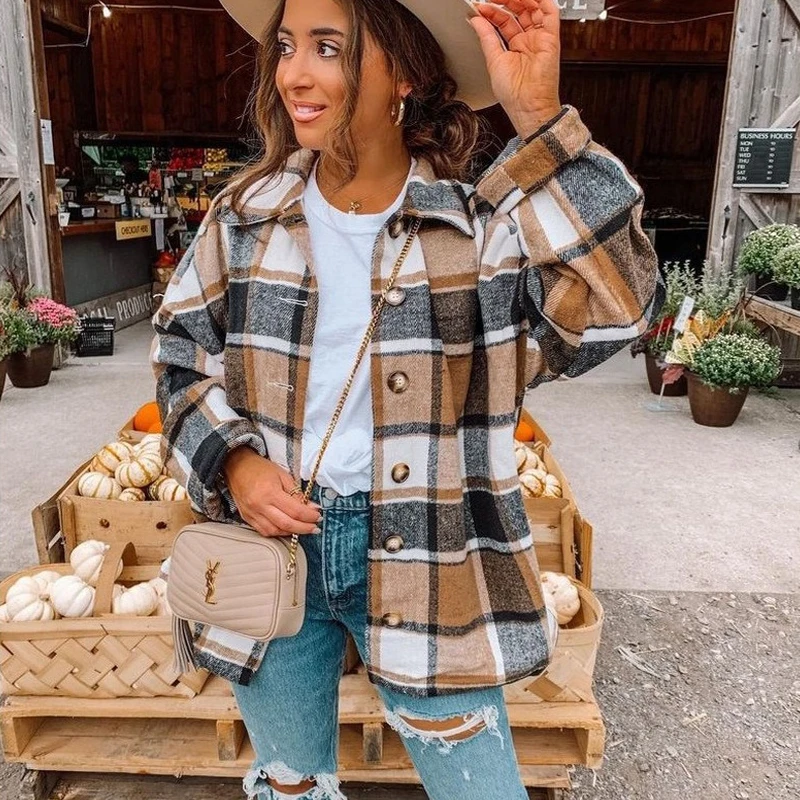 

Plaid Shirt Oversized Vintage Shirt Cotton Linen Warm Shirt Street Temperament Blouse Loose Women Spring Fall Checkered Shirts