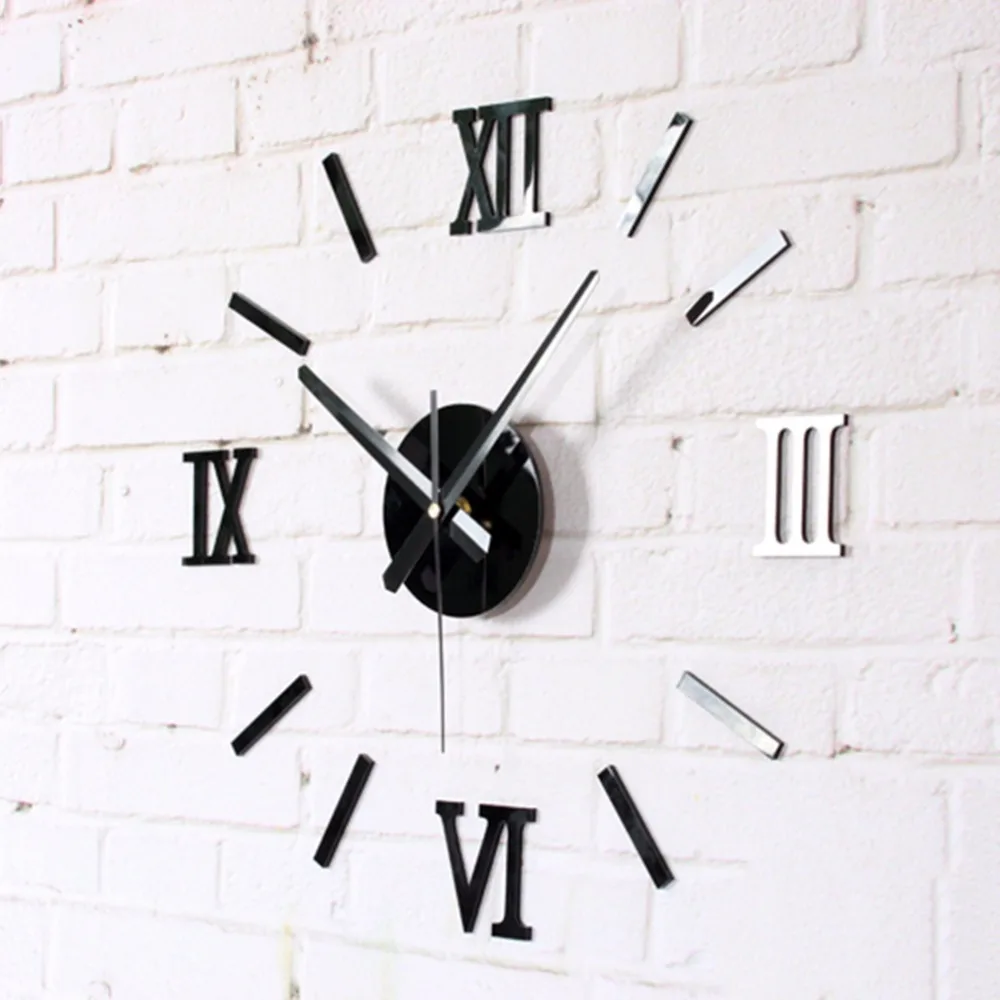 Большие настенные 3d часы с римскими цифрами стикер беззвучное зеркало модные