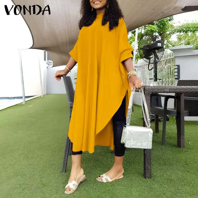 

Long Dress VONDA Autumn Irregular Hem Party Dresses Casual Loose 3/4 Sleeve Holiday Robe Bohemian Vestidos Oversized Sundress
