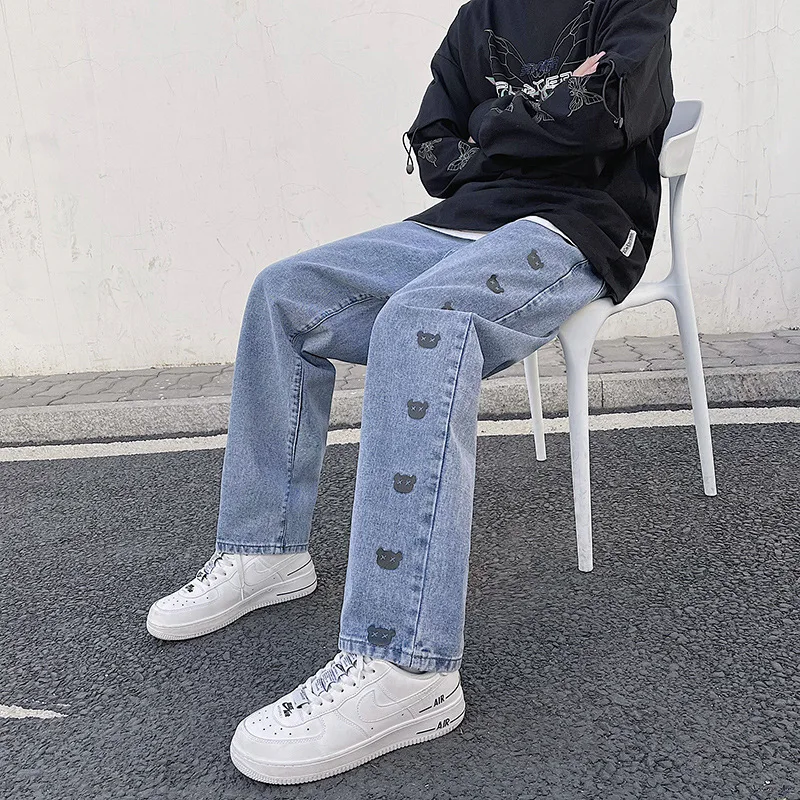 Mens Vintage Washed Jeans Hip Hop Smile Face Printed Loose Fit Denim Pants Harajuku Straight Casual Cartoon Trousers Male | Мужская