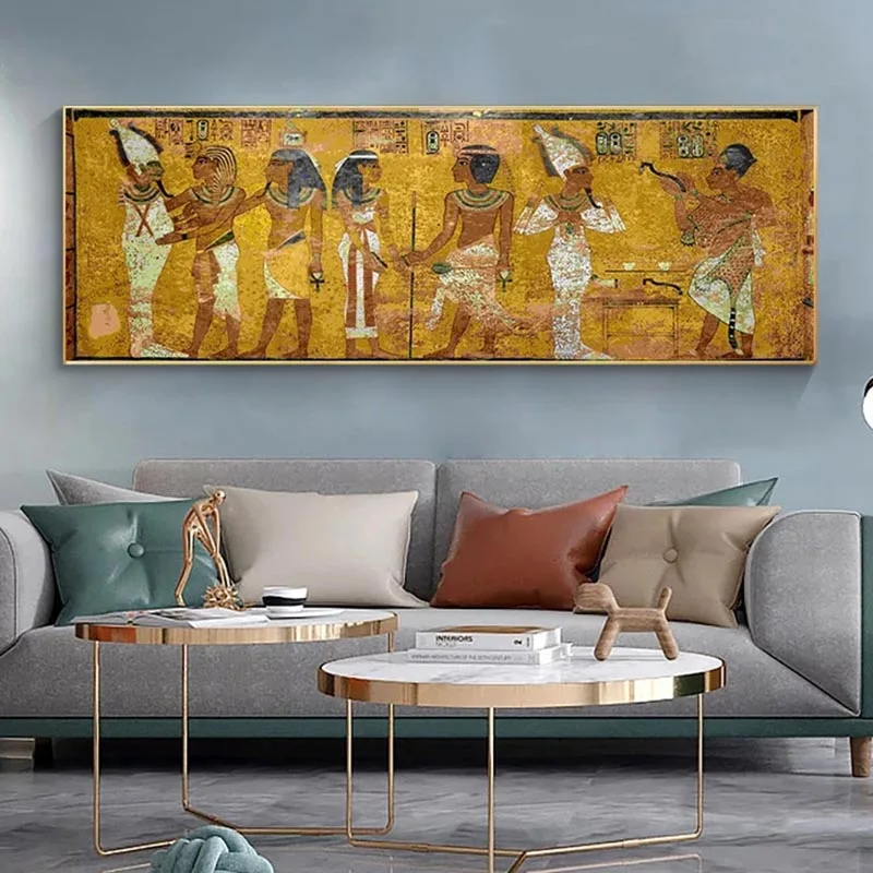 

Printed Egyptian Mural Poster Vintage Large Size Canvas Painting Golden Wall Art Picture for Living Room Home Decoration
