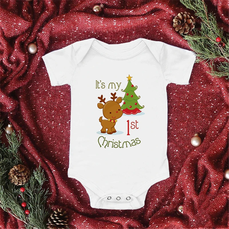 

It's My First Christmas Reindeer Print New Year's Baby Clothes Bodysuit Christmas Jumpsuit Infant Short Sleeve Playsuit Outfit