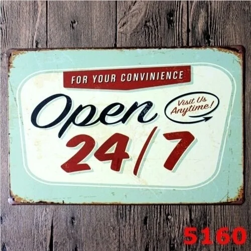 

Open 24/7 Tin Sign Bar Cafe Diner Garage Pub Wall Decor Retro Metal Art Poster 20x30CM(Visit Our Store, More Products!!!)