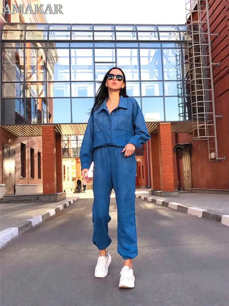 

Women tracksuits Velvet Jacket And Pants Drop Shoulder Oversized Coat Single-Breasted Elastic Waist Overalls.
