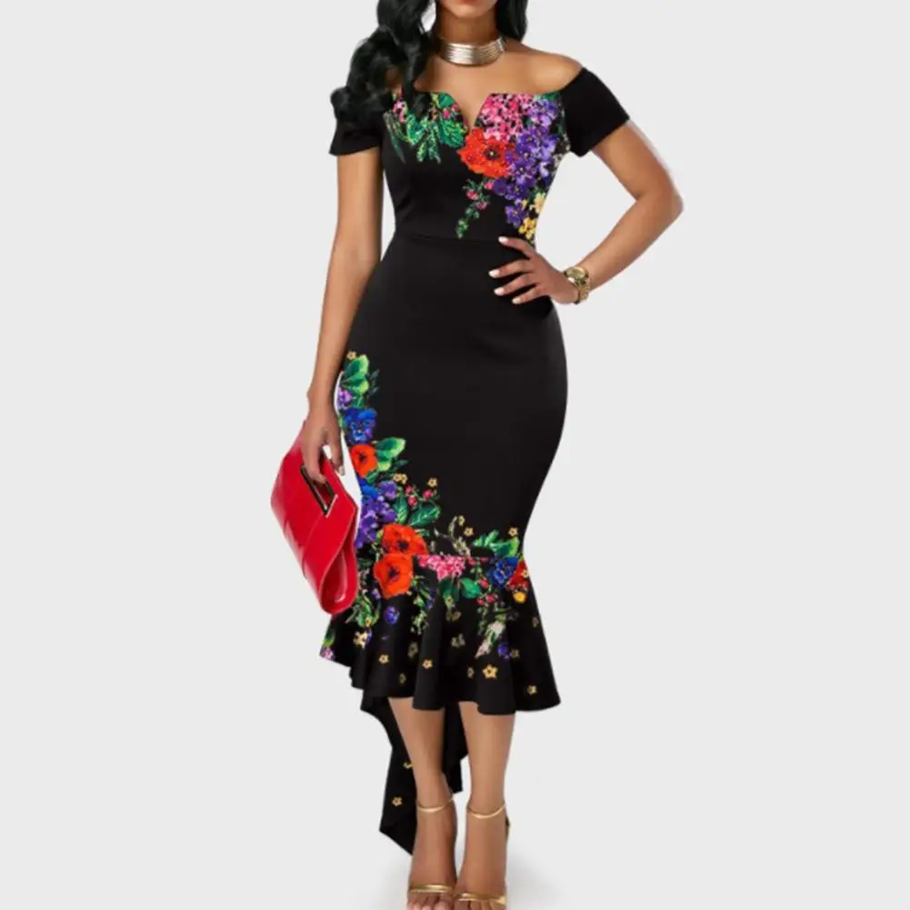 

Sexy Women Flower Embroidered Off Shoulder Asymmetrical Bodycon Mermaids Dress Elegant Party Dress Women Sexy Club Midi Dress