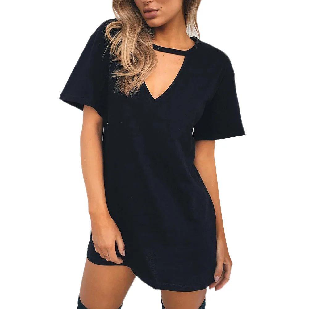 Женское однотонное платье-футболка с V-образным вырезом и коротким рукавом из