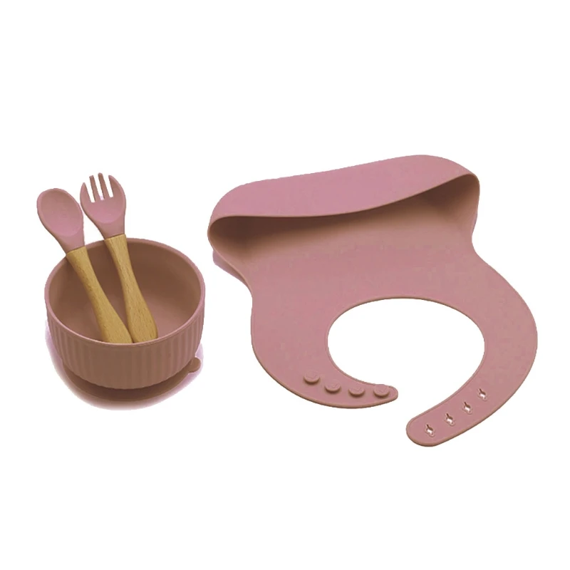 

K3NE 4PCS Silicone Baby Feeding Bowl Tableware Waterproof Bibs Spoon Fork Non-Slip BPA Free Silicone Dishes