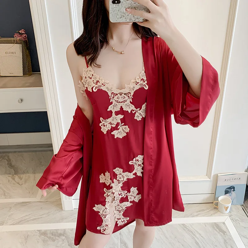 Весенний женский атласный шелковый халат и платье наборы Сексуальная кружевная