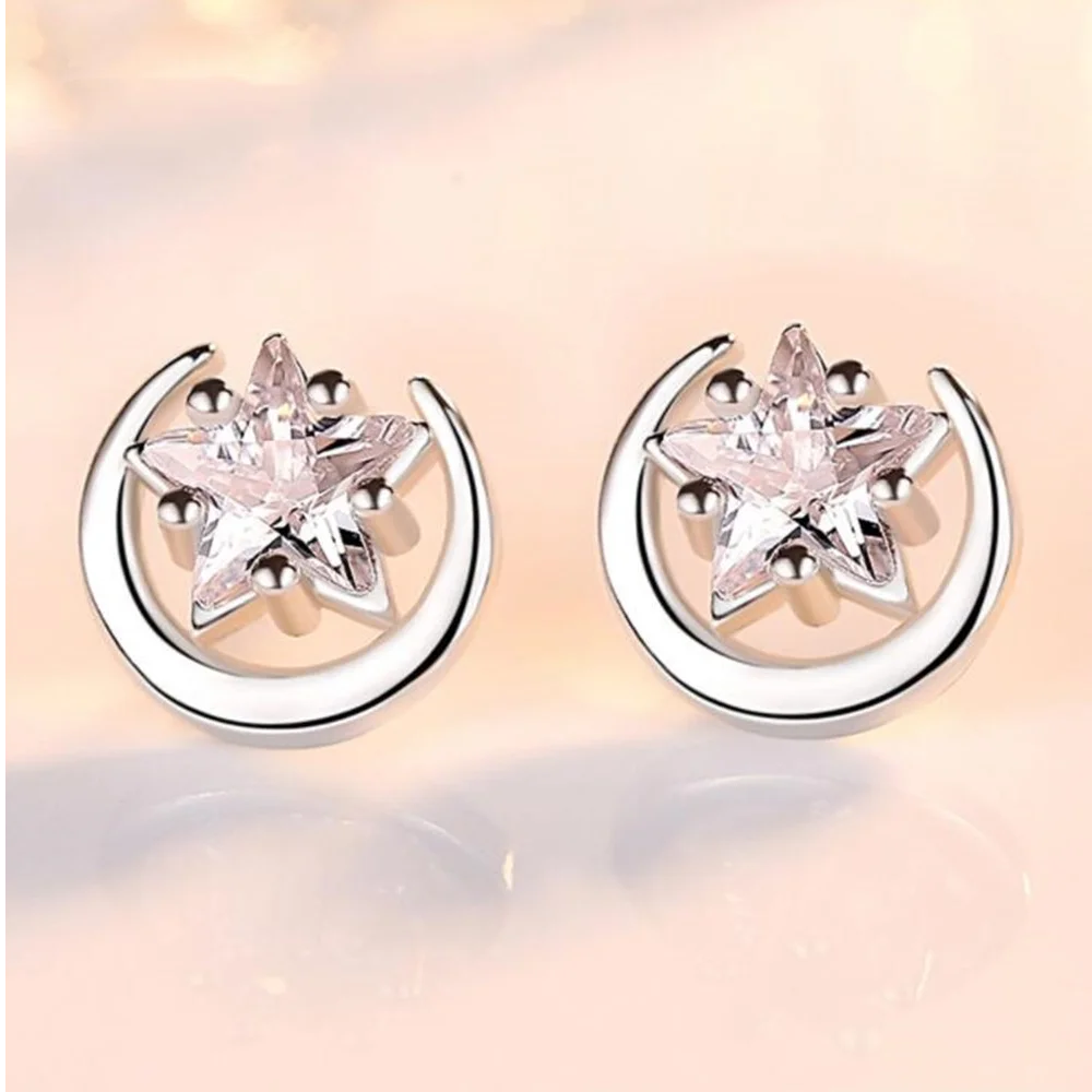 

Wholesale 925 Sterling Silver Stud Earrings High Quality Woman Fashion Jewelry Retro Simple Star Moon Crystal Zircon Earrings
