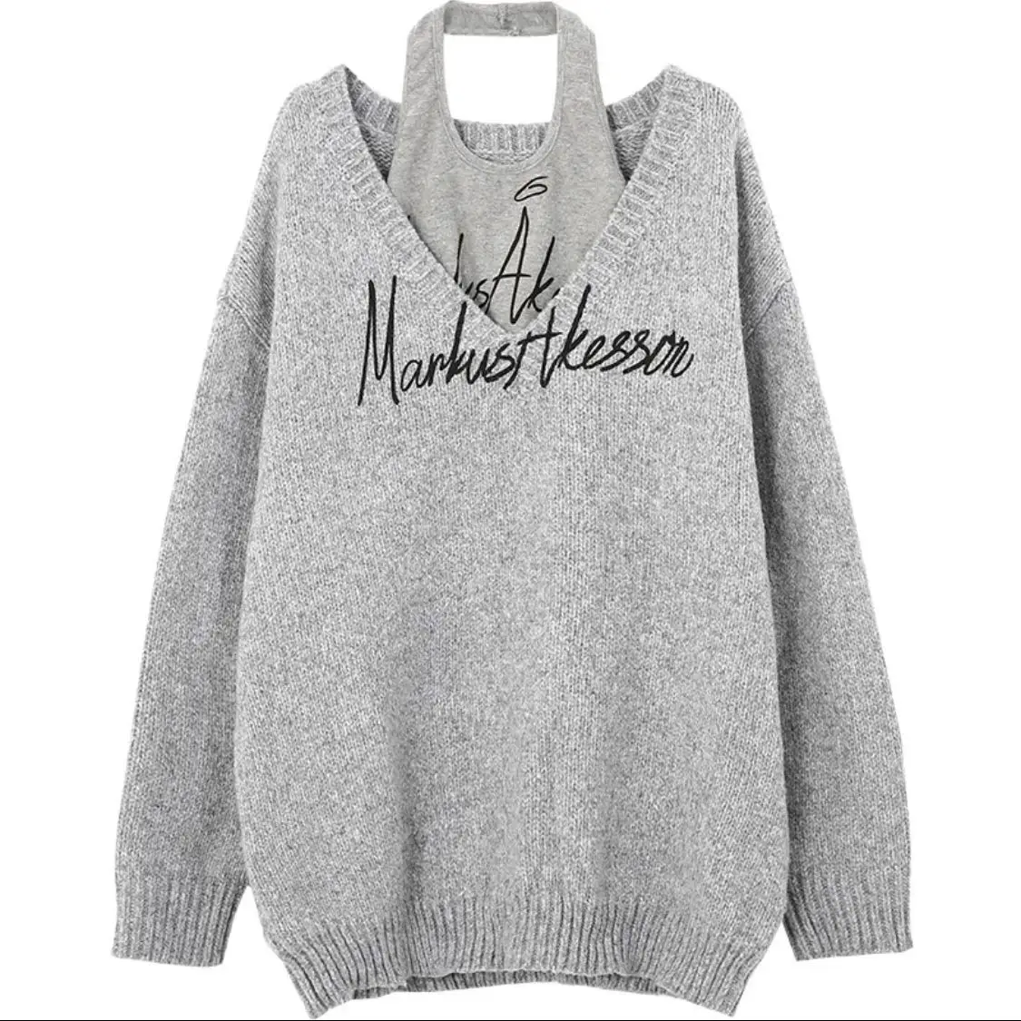 

2021 Autumn&Winter French Gentle Sweater Women 2 Pieces Sweater lazy Loose V-neck Design Sexy Halter Knitted Oversized Top
