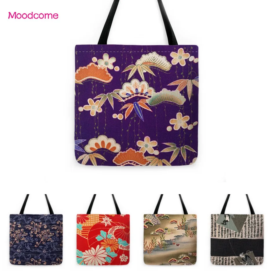 

Фиолетовая японская сумка Mt Fuji с цветами и листьями, красная сумка для переноски, сумка-шоппер, большая сумка через плечо, из хлопка и льна, в...
