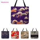 Фиолетовая японская сумка Mt Fuji с цветами и листьями, красная сумка для переноски, сумка-шоппер, большая сумка через плечо, из хлопка и льна, водонепроницаемая Женская