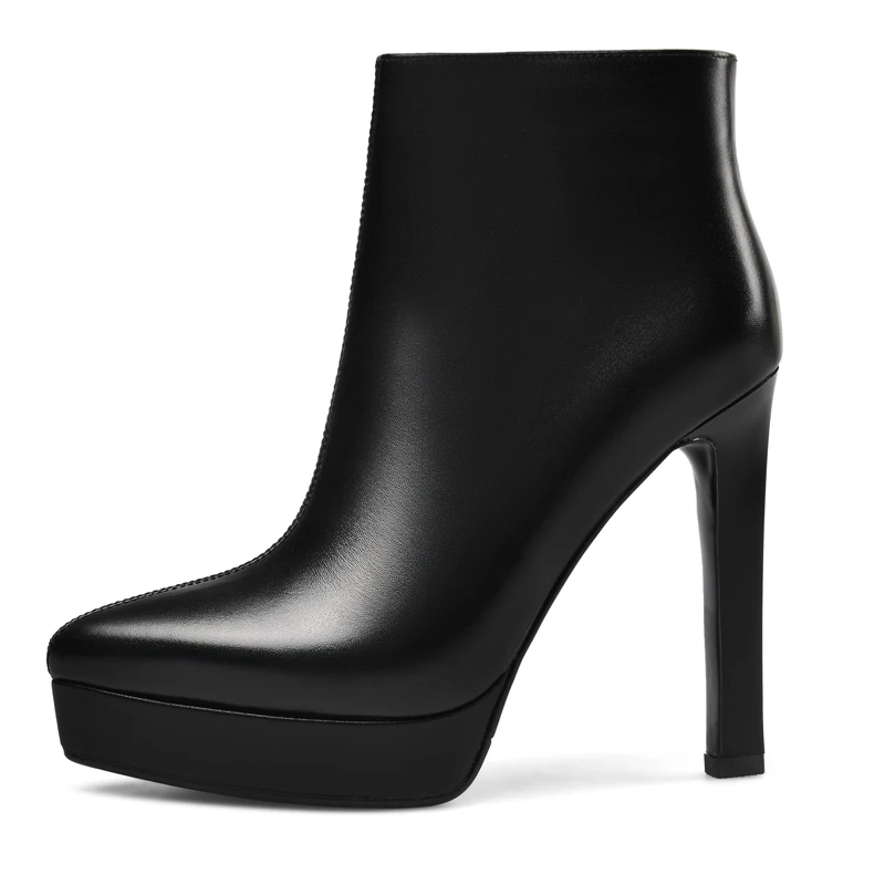 Модные женские зимние ботинки с острым носком на массивном каблуке молнии