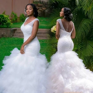 African Mermaid Wedding Dresses 2022 Beading V Neck Bridal Gowns Custom Made Black Women Girls Dress Vestidos De Novia