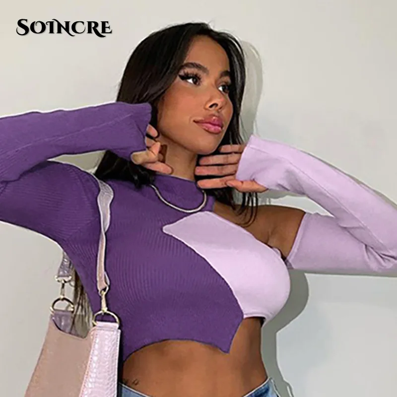 

Y2K Sexy Hollow Out Rib Knit Long Sleeve Crop Top Women 2022 Color Block Asymmetrical Clothing Fashion High Street T Shirts
