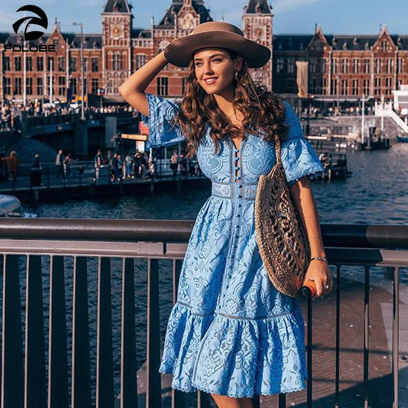 

FOLOBE 2022 New Spring Summer New Hollow Out Dress Sexy Ladies Lace Dress Womens Short Sleeve Single-Breasted Party Dresses