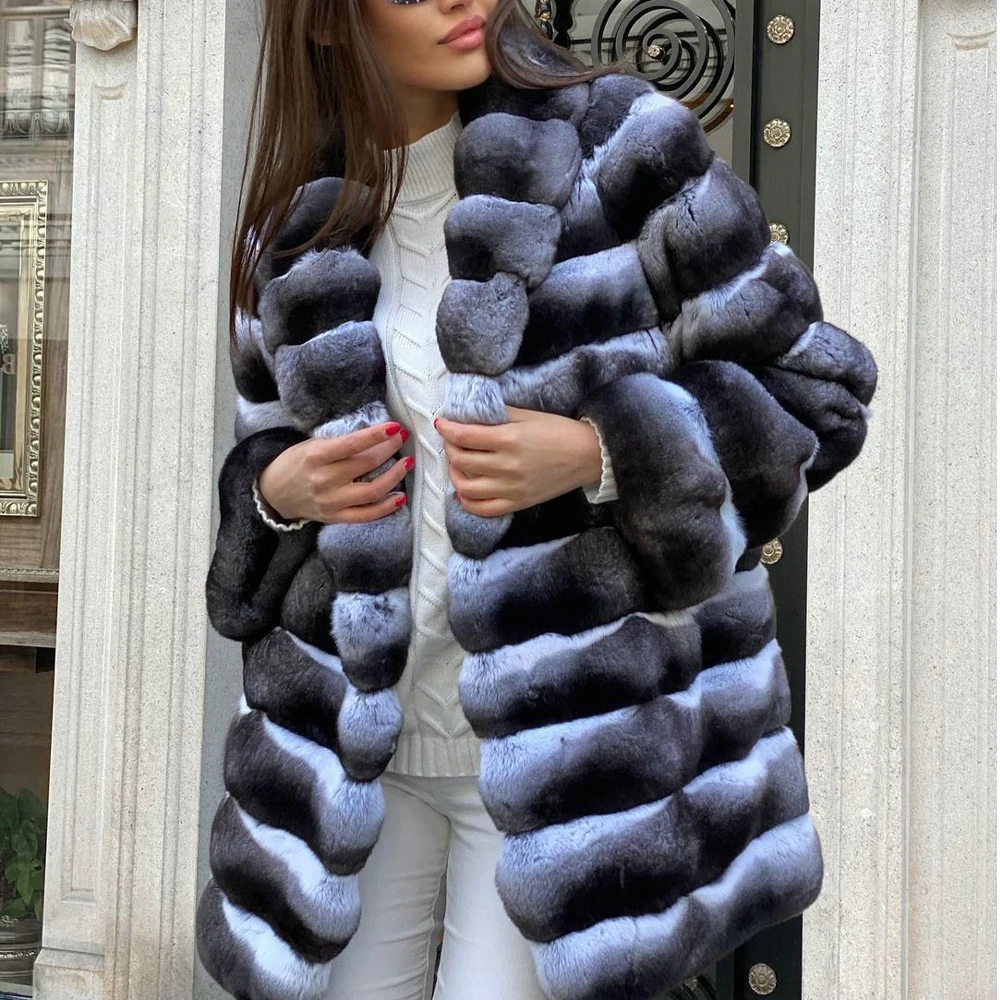 Enlarge Mid-length Natural Rex Rabbit Fur Jacket with Turn-down Collar High Quality Women Winter New Genuine Rex Rabbit Fur Coat Outwear