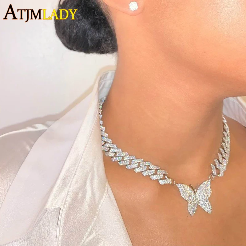 

Высокое качество iced out micro pave 5A cz 12 мм кубинская цепочка с одной бабочкой, очаровательное колье, ожерелье золотого и серебряного цвета, ювелир...
