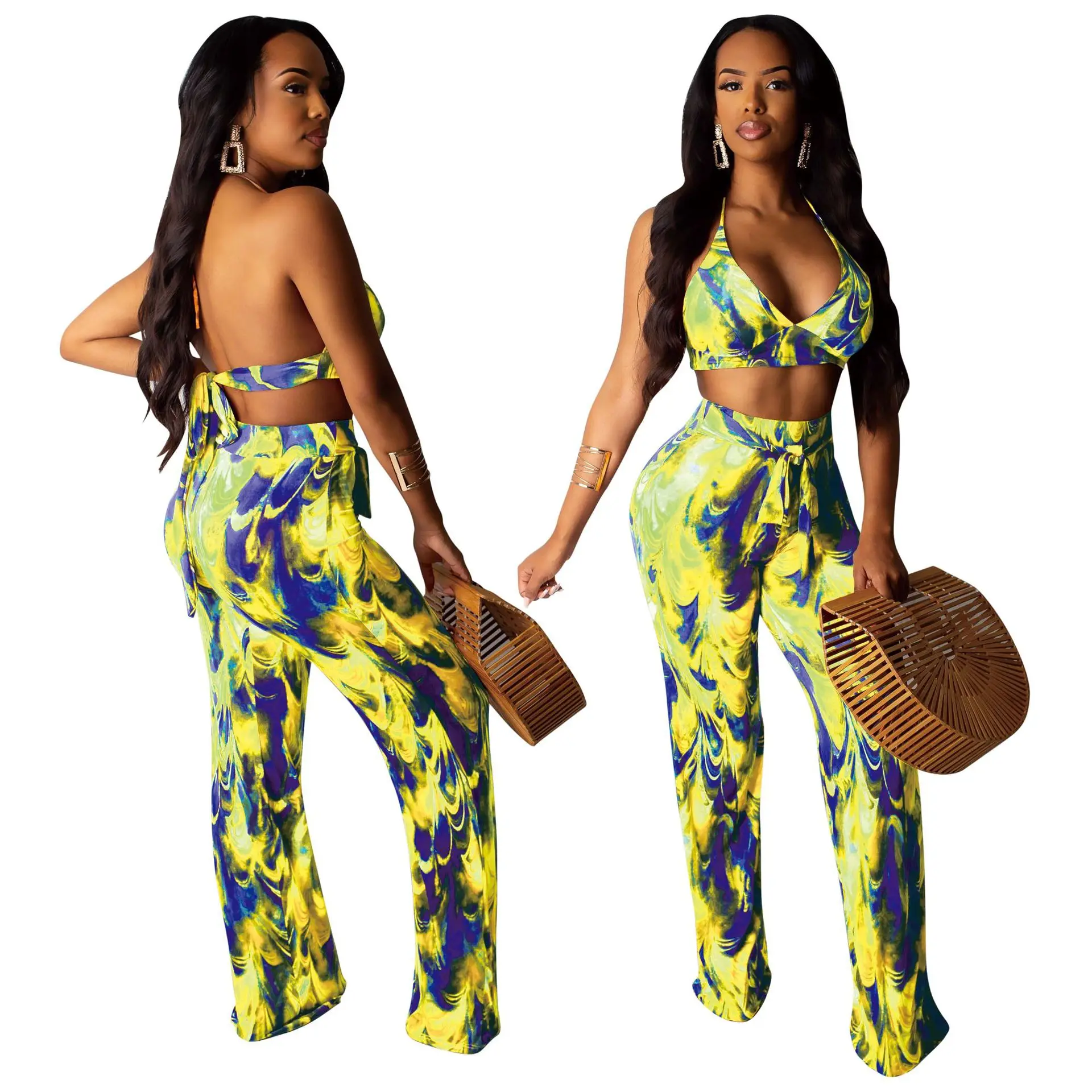 

Echoine 7 Colors Women Sexy Halter Sleeveless Crop Top Long Wide Leg Pants Two Piece Set Fashion 3D Colorful Print Outfits S-XXL