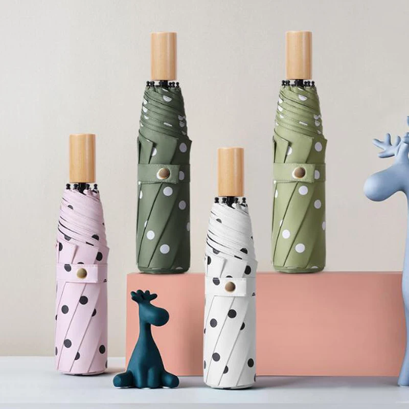 Классический зонтик в горошек с деревянной ручкой ветрозащитный зонт для дождя и