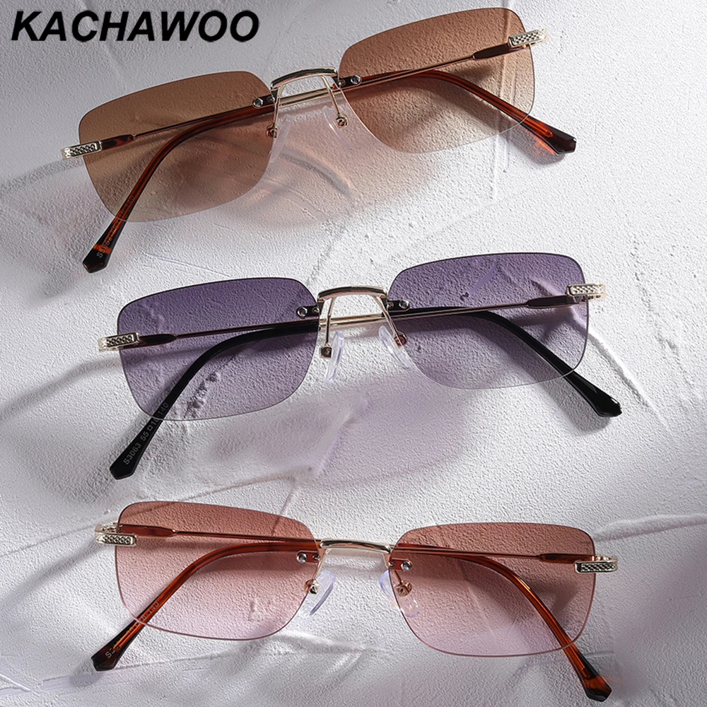 

Kachawoo no frame retro sunglasses women small rectangle frame metal rimless sun glasses for men trending accessories brown grey