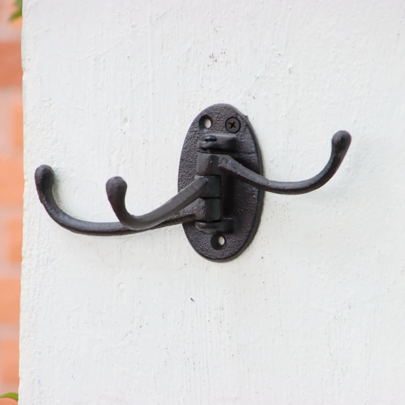 

Retro Rustic Cast Iron Foldable Wall Hook With Three Hangers Farm House Accents Handmade Home Garden Decor Metal Coat Hat Racks