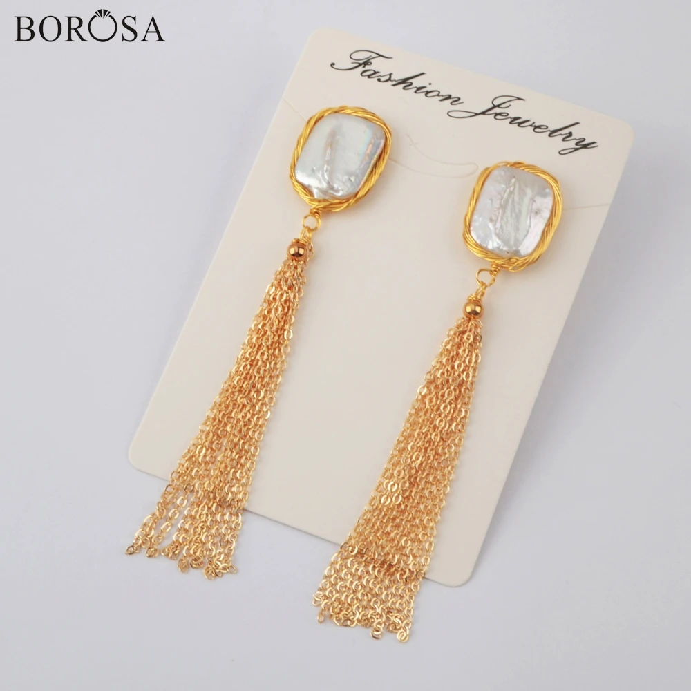 

BOROSA 3Pairs Rectangle Gold Wire Wrap Natural Pearl Dangle Earring US European Geometric Freshwater Pearl Tassel Earring WX1209