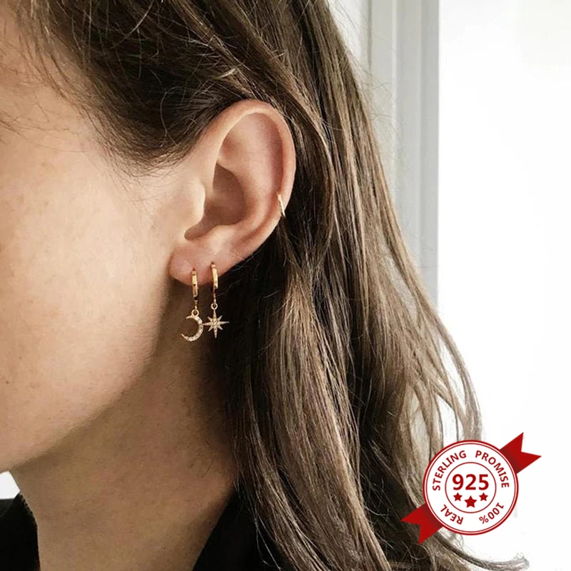 

Real 925 Silver Fashion Punk Geometric Pendant Hoop Earrings Pave Zircon Lightning Dangle Drop Earrings For Women Jewelry