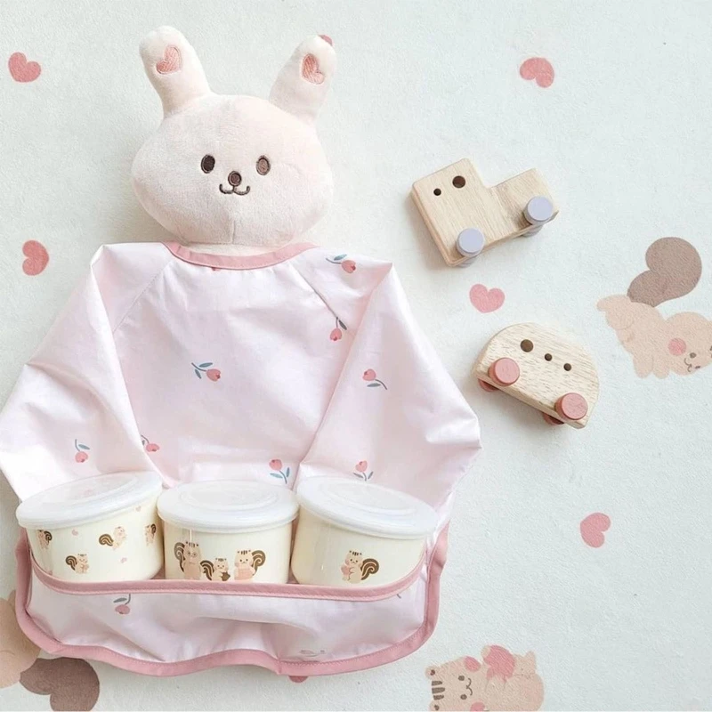 

Cartoon Printed Waterproof Baby Bib with Food Pocket Baby Infants Long Sleeve Feeding Drawing Painting Apron K92D