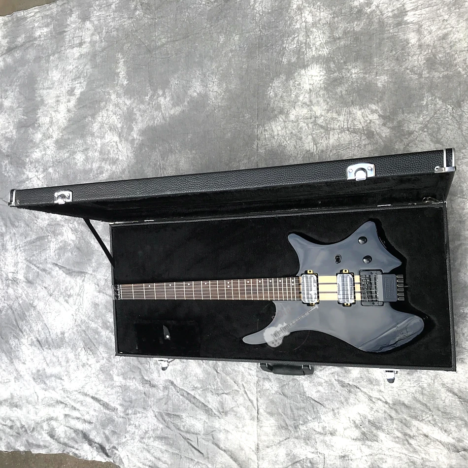 Пользовательский магазин на заказ электрогитара, черный светильник, Безголовый, все тело через шею, система vibrato, все цвета Настраиваемые