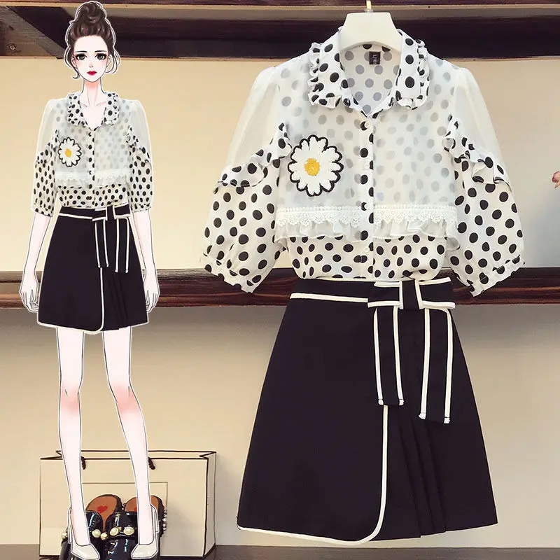 

100KG Weight Women Summer Slimming Waist Young Fashion Stitching Chiffon Shirt Irregular Short Skirt Two-piece Suit Dot Printing