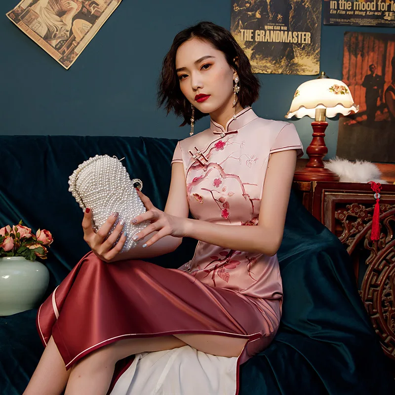 Элегантный винтажный Ципао на пуговицах ручной работы с цветочным принтом и