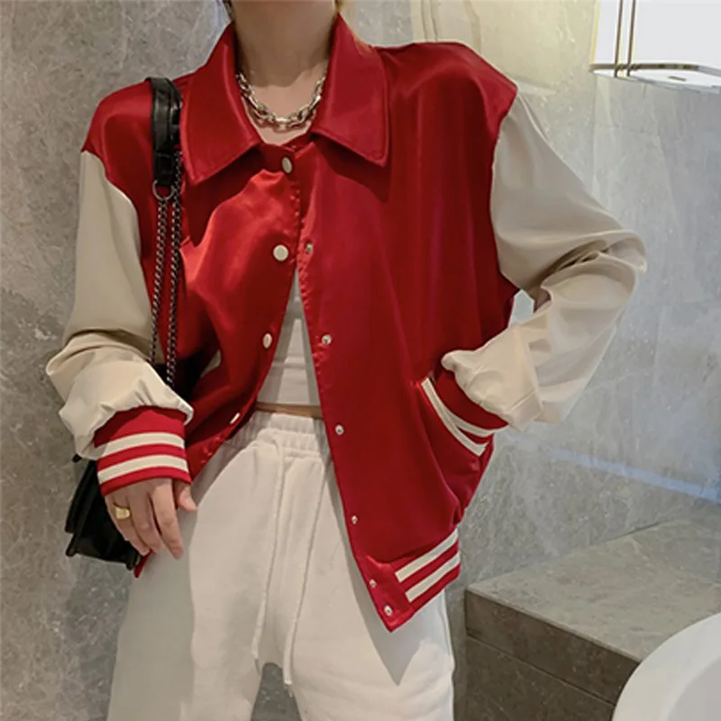 

Fashion Women Thin Sports Loose Cardigan Single-Breasted Pocket Blue & Red Casual Jacket Baseball Uniform
