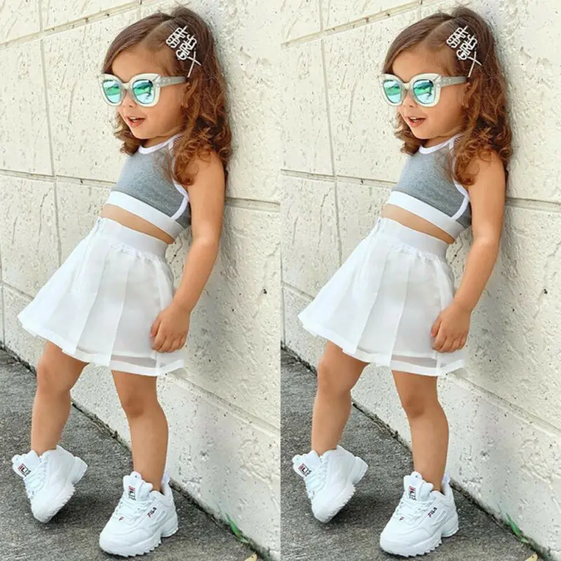 2PCS Toddler Kids Girl Summer Clothes Crop Top T-Shirt Zipper Lace Tulle Tutu Skirt Outfits Sleeveless Vest Bottom Tracksuit Set | Детская