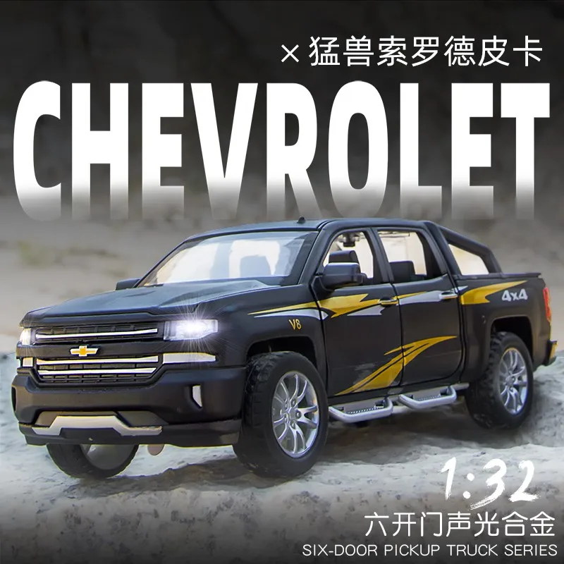 

New 1:32 Chevrolet Thorode Pickup Alloy Car Model Sound And Light Pull Back Toy Simulation Metal Car Model Decoration Collection