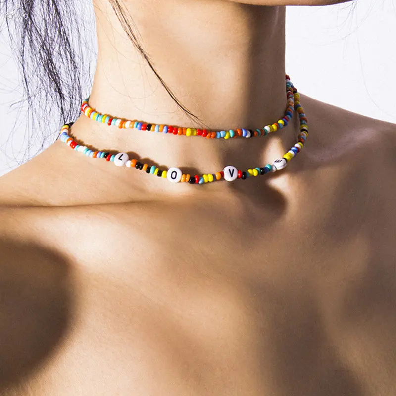 AOMU Simple Geometric Handmade Beading Double Layer Necklace Letter Love Necklace For Women Fashion Boho Jewelry