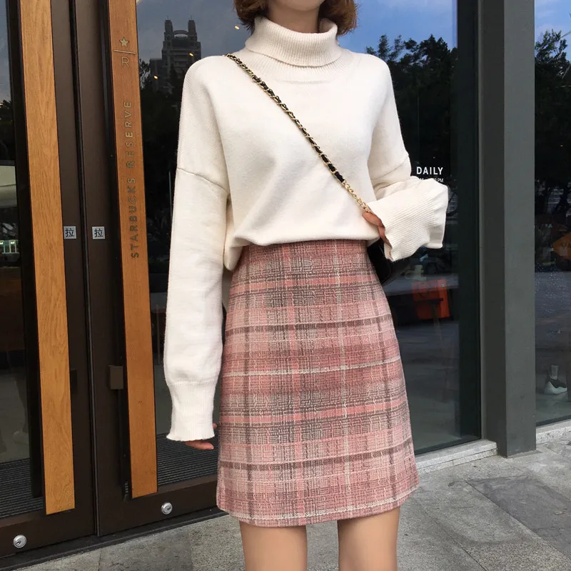 Thicken Vintage High Waist Pink Wool Autumn Winter Skirt Female Korean Sweet Mini Plaid Falda Mujer A Line School Women Skirts