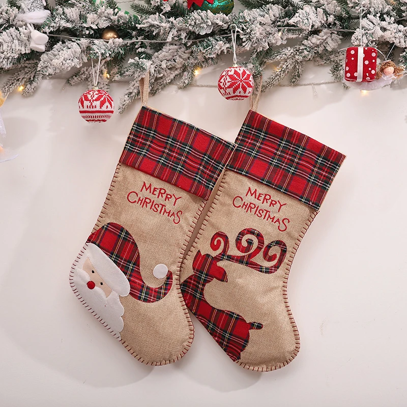 

Christmas Gift Candy Stockings Burlap Plaid Style Hanging Socks For Xmas Gift Holiday Season Party Decor