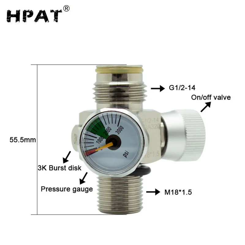HPAT покрытый M18 * 1 5 Пейнтбольный On/Off клапан с манометром 3000psi или заполняющий сосок