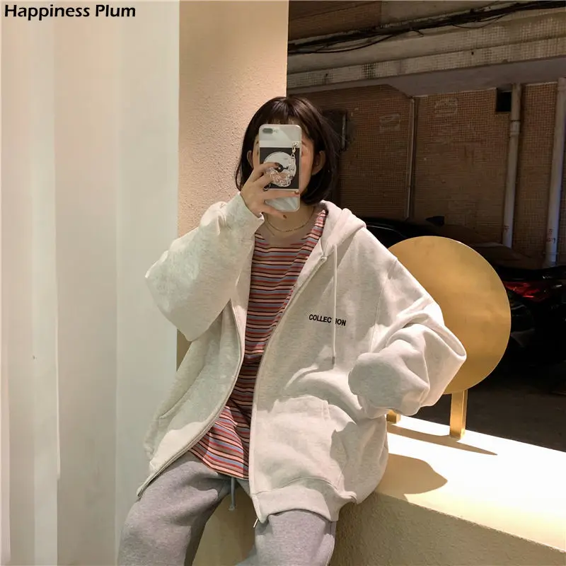 

2020 zip-up Harajuku Hoodies Women Loose Casual Sweatshirt New Korean Style Streetwear Oversized Hooded plus size Outerwear